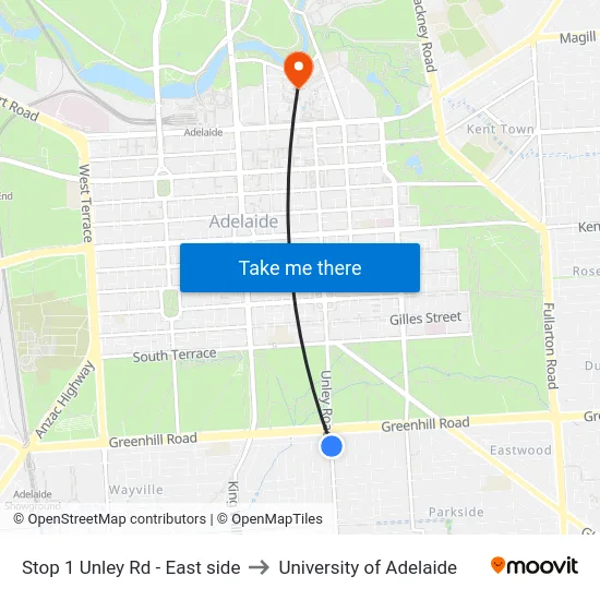 Stop 1 Unley Rd - East side to University of Adelaide map