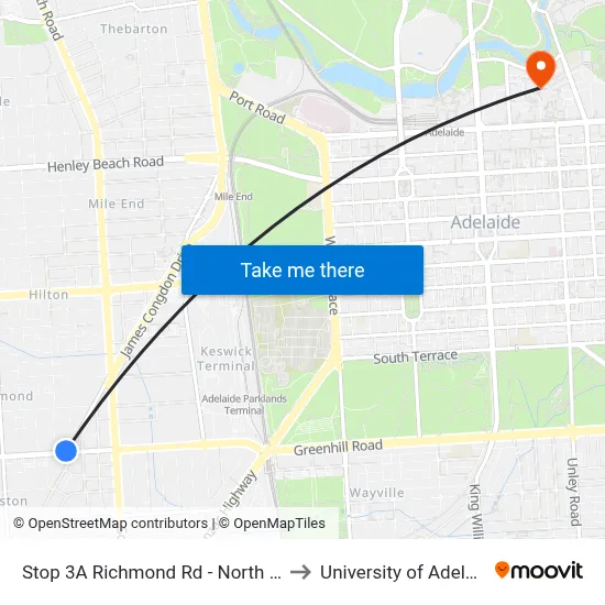 Stop 3A Richmond Rd - North side to University of Adelaide map