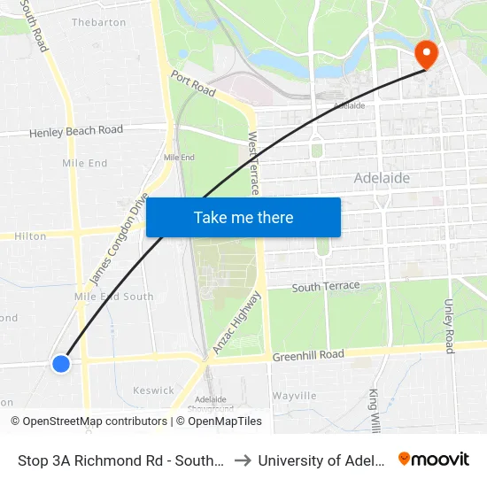 Stop 3A Richmond Rd - South side to University of Adelaide map