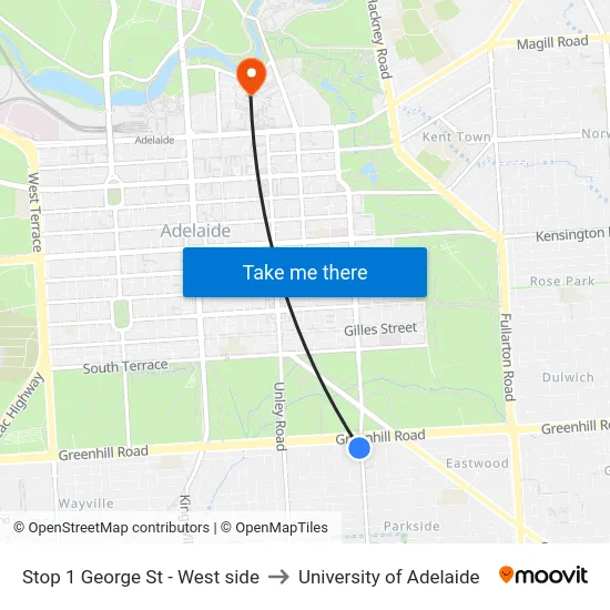 Stop 1 George St - West side to University of Adelaide map