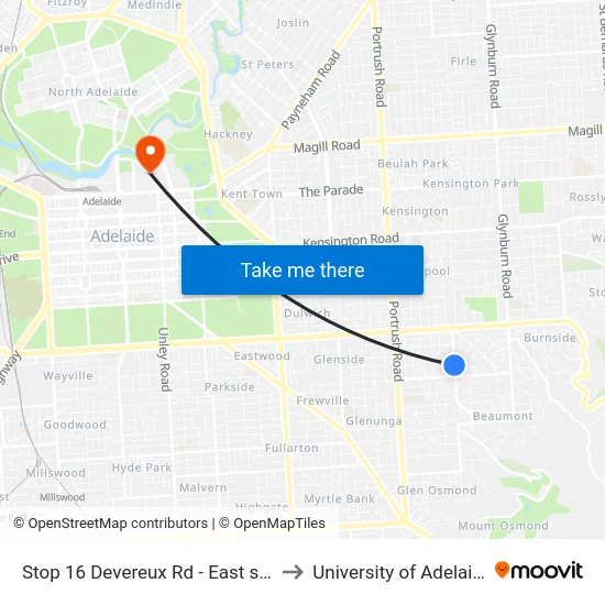 Stop 16 Devereux Rd - East side to University of Adelaide map