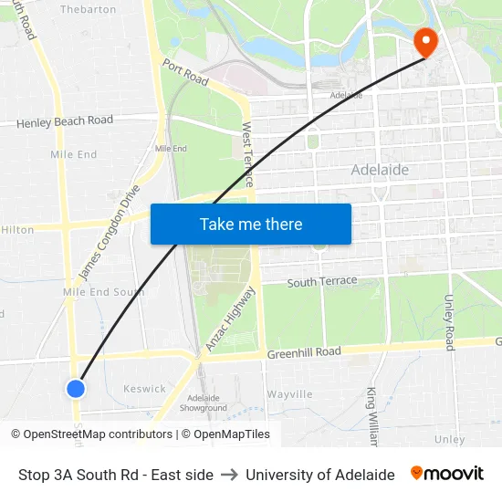 Stop 3A South Rd - East side to University of Adelaide map