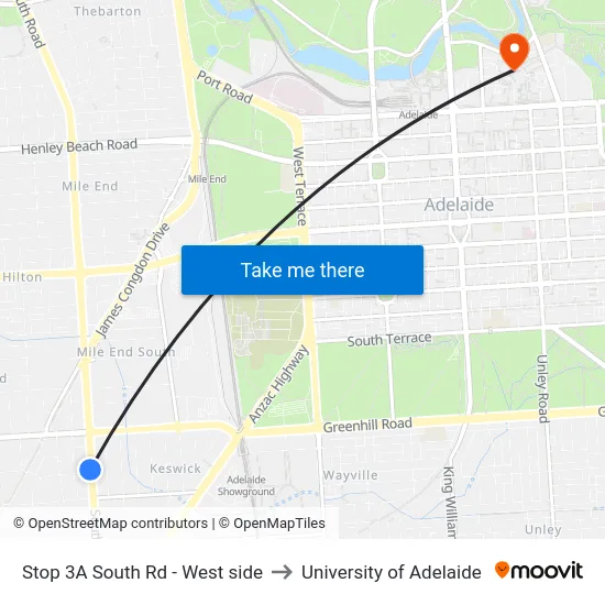 Stop 3A South Rd - West side to University of Adelaide map