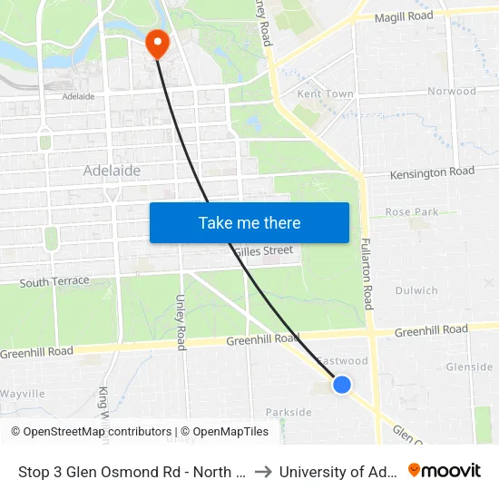 Stop 3 Glen Osmond Rd - North East side to University of Adelaide map