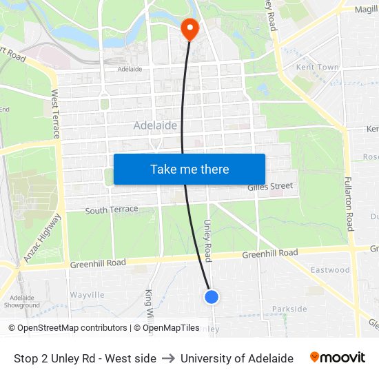 Stop 2 Unley Rd - West side to University of Adelaide map