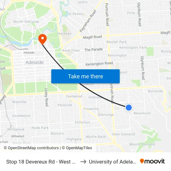 Stop 18 Devereux Rd - West side to University of Adelaide map
