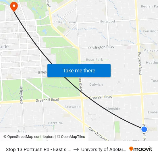 Stop 13 Portrush Rd - East side to University of Adelaide map