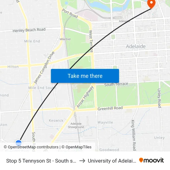 Stop 5 Tennyson St - South side to University of Adelaide map