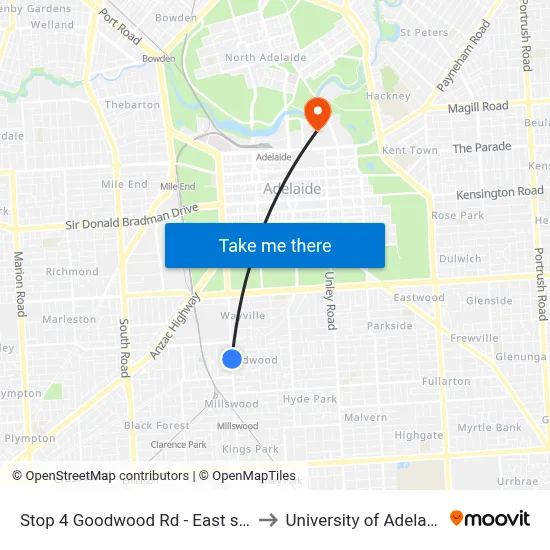 Stop 4 Goodwood Rd - East side to University of Adelaide map