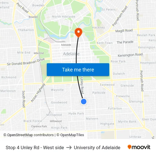 Stop 4 Unley Rd - West side to University of Adelaide map