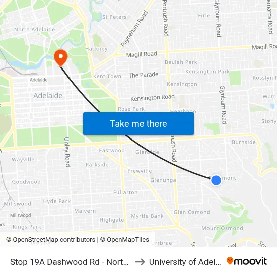Stop 19A Dashwood Rd - North side to University of Adelaide map
