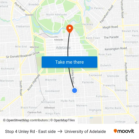 Stop 4 Unley Rd - East side to University of Adelaide map