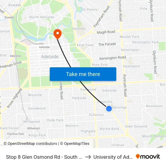 Stop 8 Glen Osmond Rd - South West side to University of Adelaide map