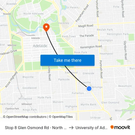 Stop 8 Glen Osmond Rd - North East side to University of Adelaide map