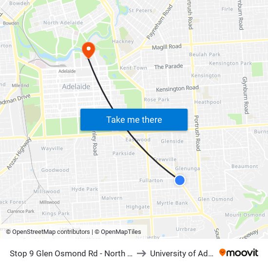 Stop 9 Glen Osmond Rd - North East side to University of Adelaide map