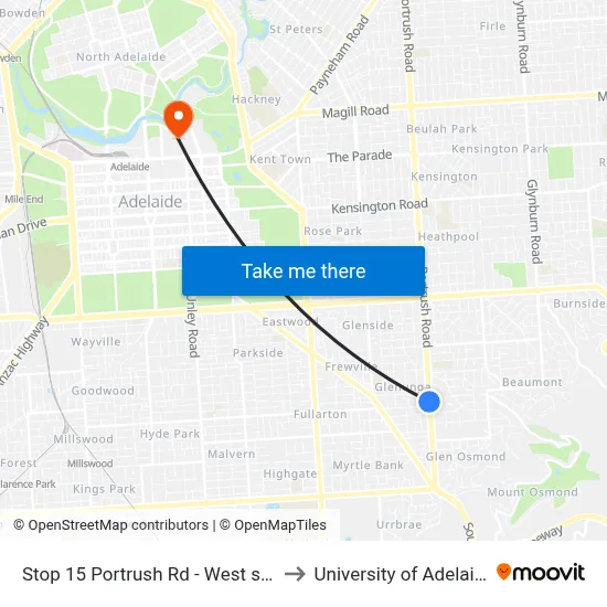 Stop 15 Portrush Rd - West side to University of Adelaide map