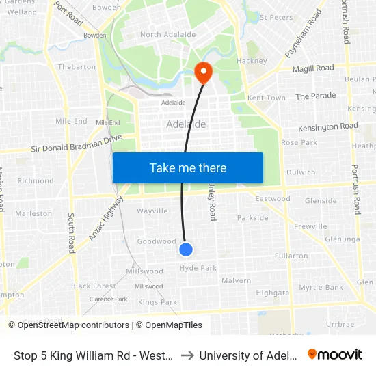 Stop 5 King William Rd - West side to University of Adelaide map