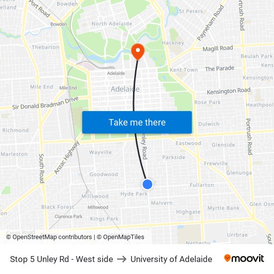 Stop 5 Unley Rd - West side to University of Adelaide map