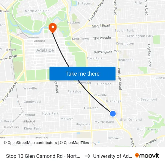 Stop 10 Glen Osmond Rd - North East side to University of Adelaide map