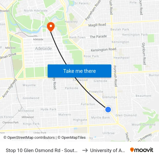 Stop 10 Glen Osmond Rd - South West side to University of Adelaide map