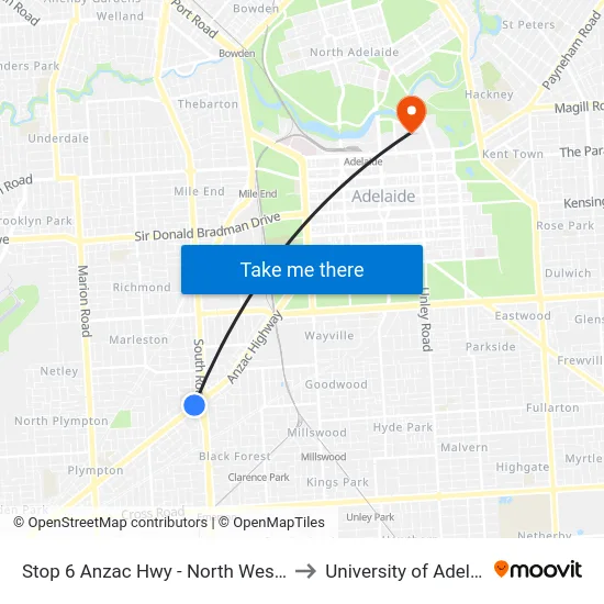 Stop 6 Anzac Hwy - North West side to University of Adelaide map