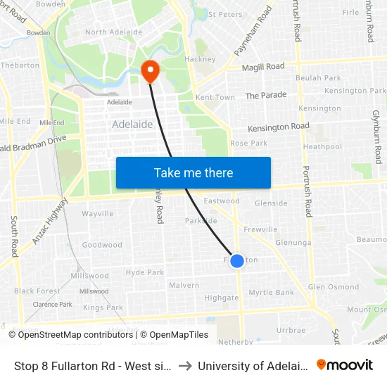 Stop 8 Fullarton Rd - West side to University of Adelaide map