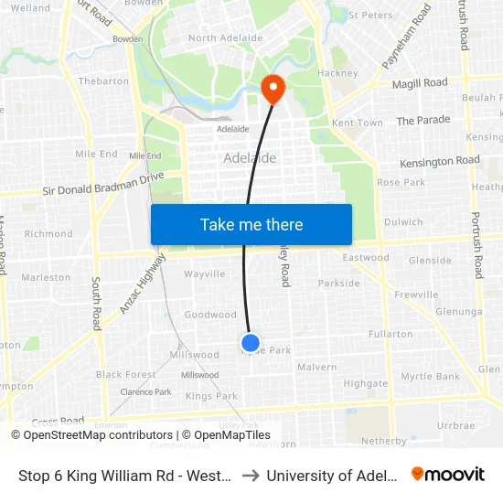 Stop 6 King William Rd - West side to University of Adelaide map