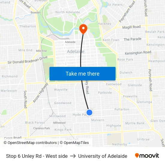 Stop 6 Unley Rd - West side to University of Adelaide map