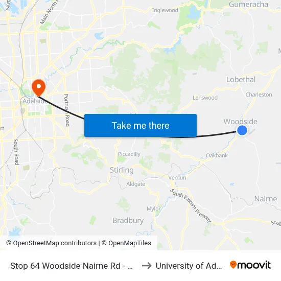 Stop 64 Woodside Nairne Rd - East side to University of Adelaide map