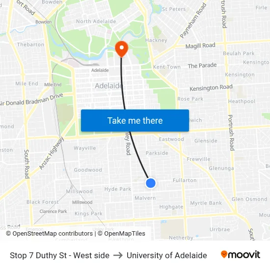 Stop 7 Duthy St - West side to University of Adelaide map
