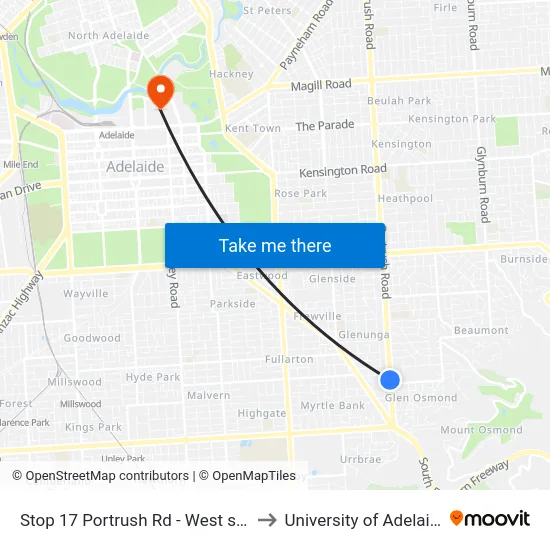 Stop 17 Portrush Rd - West side to University of Adelaide map