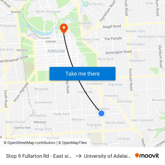 Stop 9 Fullarton Rd - East side to University of Adelaide map