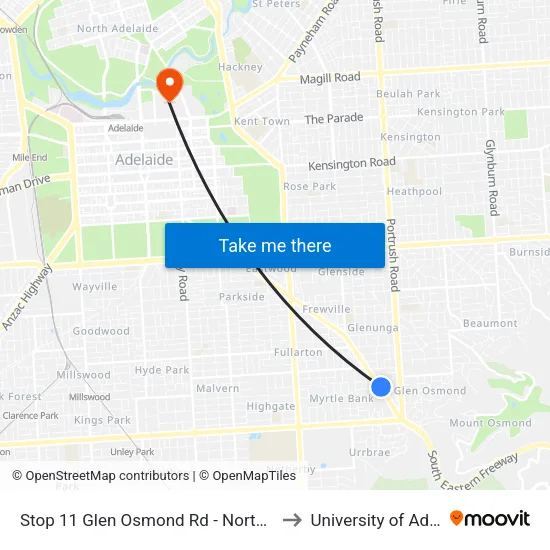 Stop 11 Glen Osmond Rd - North East side to University of Adelaide map