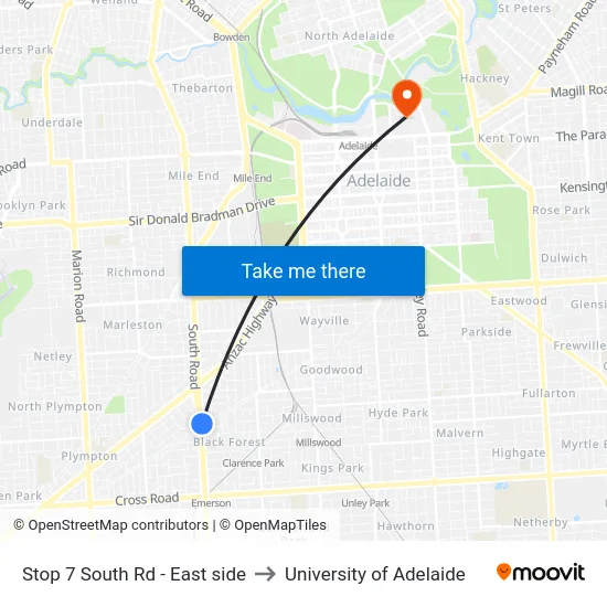 Stop 7 South Rd - East side to University of Adelaide map