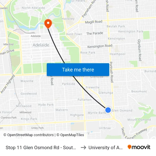 Stop 11 Glen Osmond Rd - South West side to University of Adelaide map