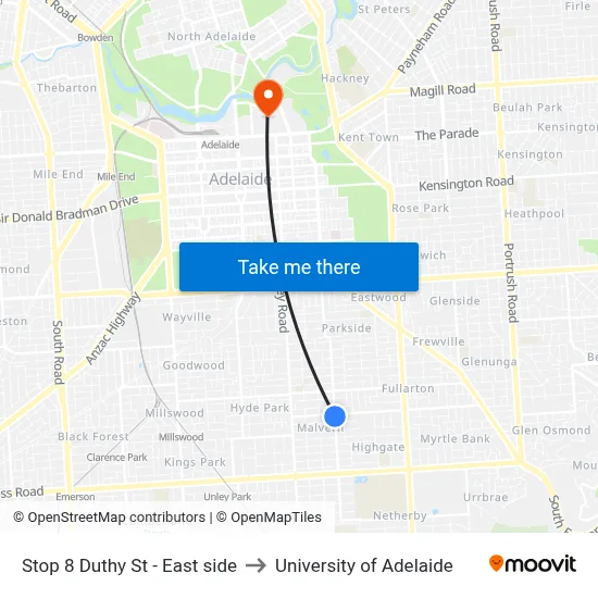 Stop 8 Duthy St - East side to University of Adelaide map