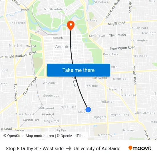 Stop 8 Duthy St - West side to University of Adelaide map