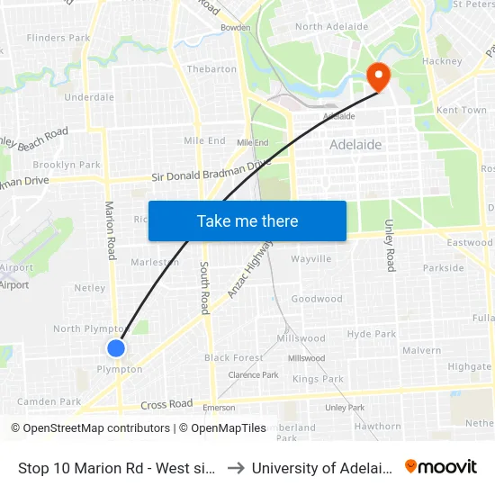 Stop 10 Marion Rd - West side to University of Adelaide map