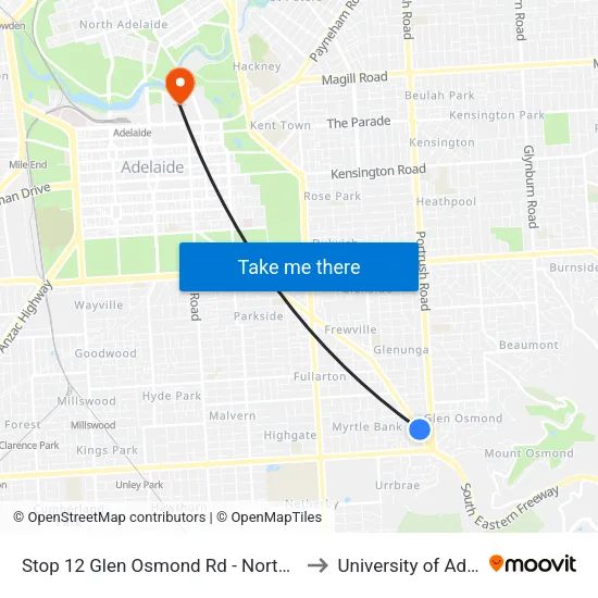 Stop 12 Glen Osmond Rd - North East side to University of Adelaide map
