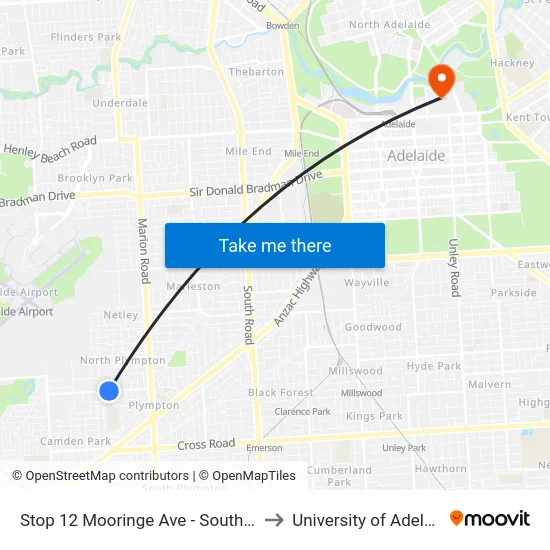 Stop 12 Mooringe Ave - South side to University of Adelaide map
