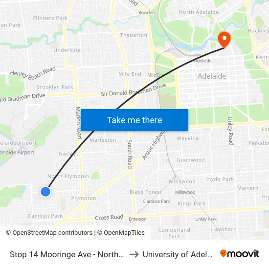 Stop 14 Mooringe Ave - North side to University of Adelaide map
