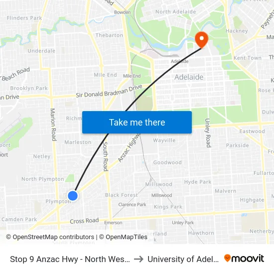 Stop 9 Anzac Hwy - North West side to University of Adelaide map