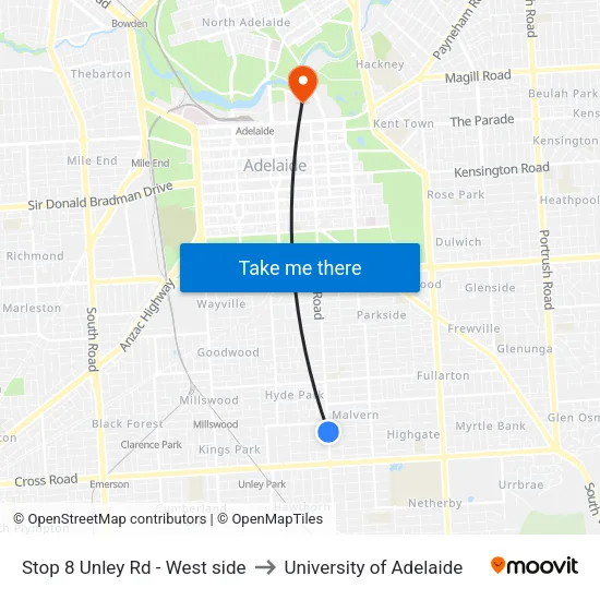 Stop 8 Unley Rd - West side to University of Adelaide map