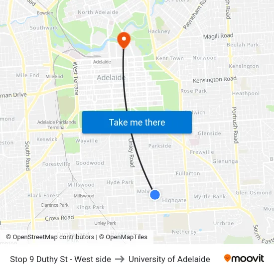 Stop 9 Duthy St - West side to University of Adelaide map