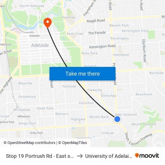 Stop 19 Portrush Rd - East side to University of Adelaide map