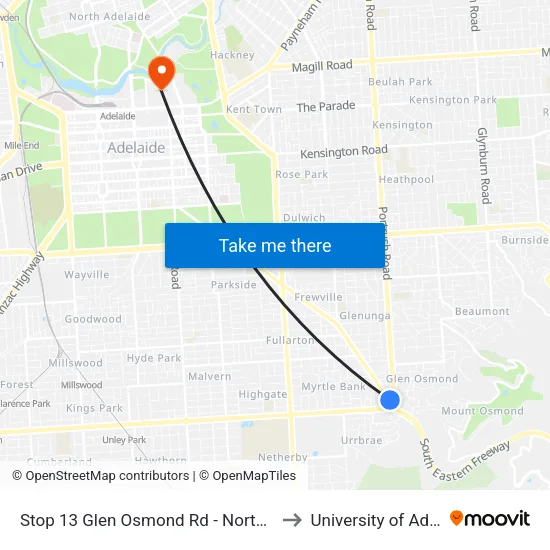 Stop 13 Glen Osmond Rd - North East side to University of Adelaide map