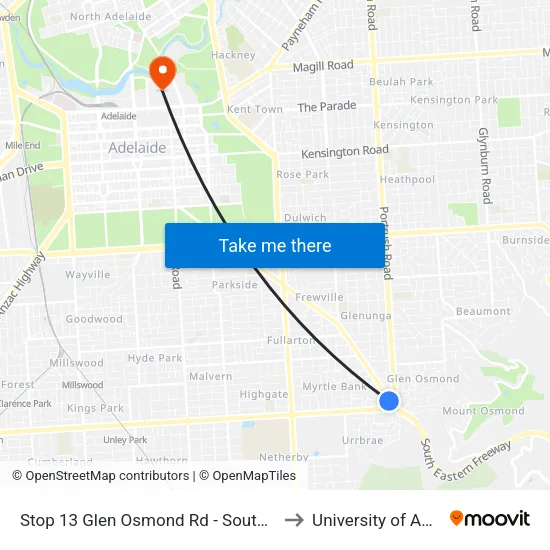 Stop 13 Glen Osmond Rd - South West side to University of Adelaide map
