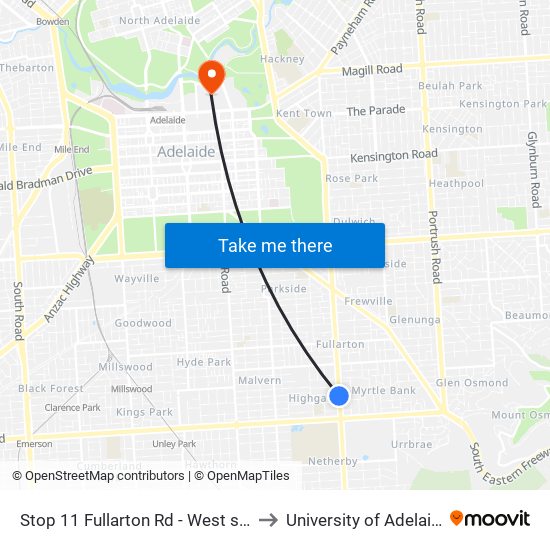 Stop 11 Fullarton Rd - West side to University of Adelaide map