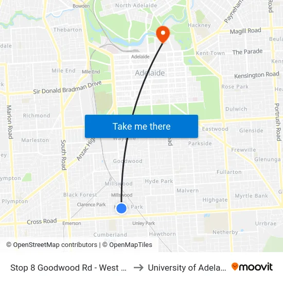 Stop 8 Goodwood Rd - West side to University of Adelaide map