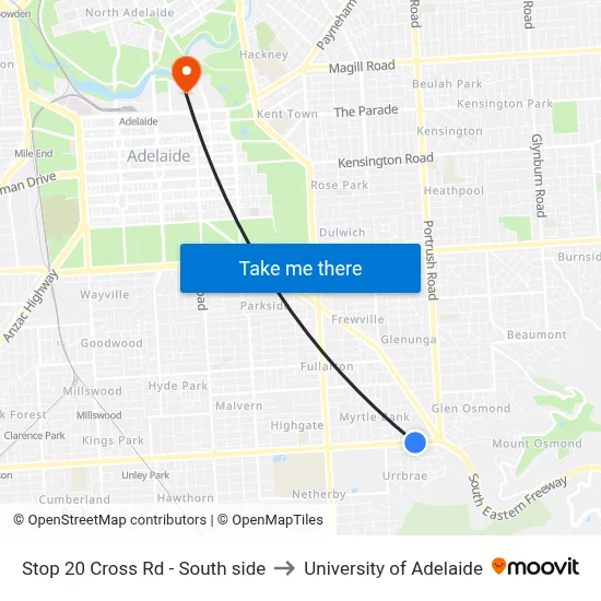Stop 20 Cross Rd - South side to University of Adelaide map